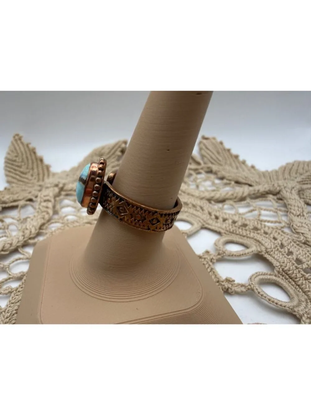 Artisan crafted Golden Hills Turquoise Copper Ring Etched Band Adj Southwest 5g